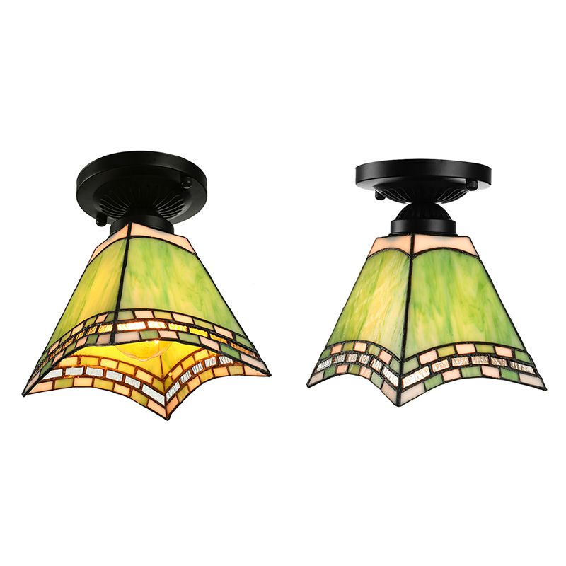 Craftsman Office Ceiling Light Art Glass 1 Light Tiffany Style Flush Mount Light in Green for Corridor