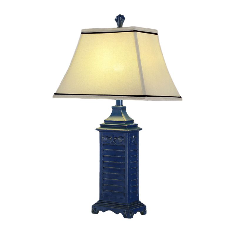 1-Light Pagoda Night Table Lamp Retro White Fabric Nightstand Light with Dark Blue Pedestal