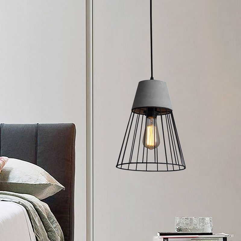 1 Light Conic Cage Ceiling Light Antiqued Black/Rose Gold Iron Pendant Lamp Fixture with Cement Top