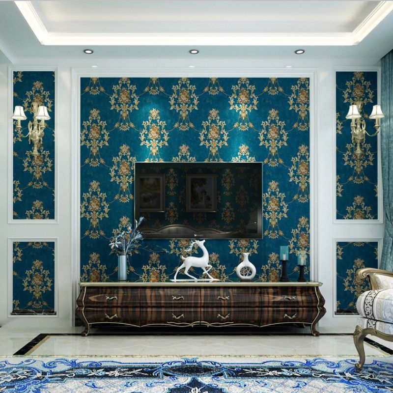 Nostalgic Jacquard Peonies Wallpaper Blue Stain Resistant Wall Decor for Living Room