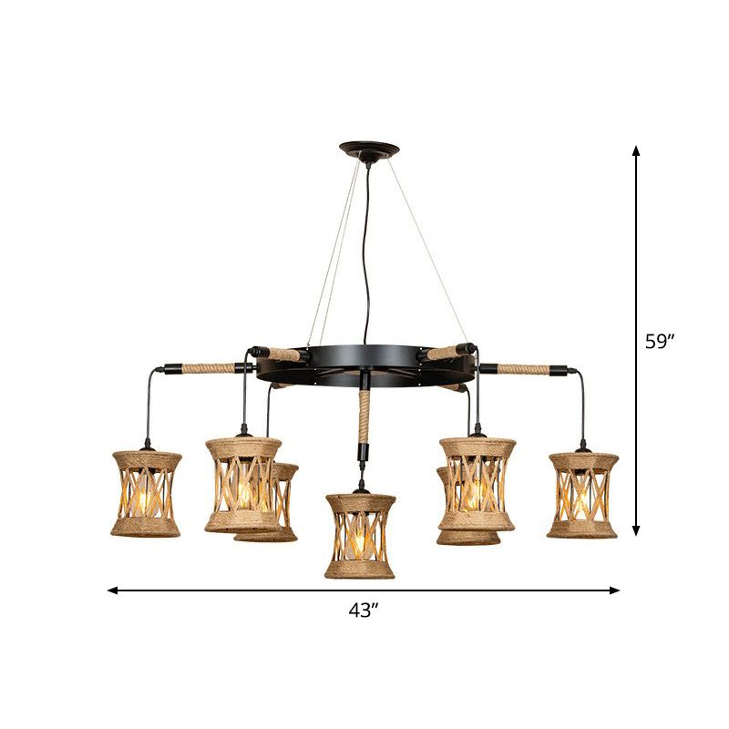 X-Woven Rope Cylinder Pendant Lamp Farmhouse 7-Light Dining Room Ceiling Chandelier with Wheel Design in Brown