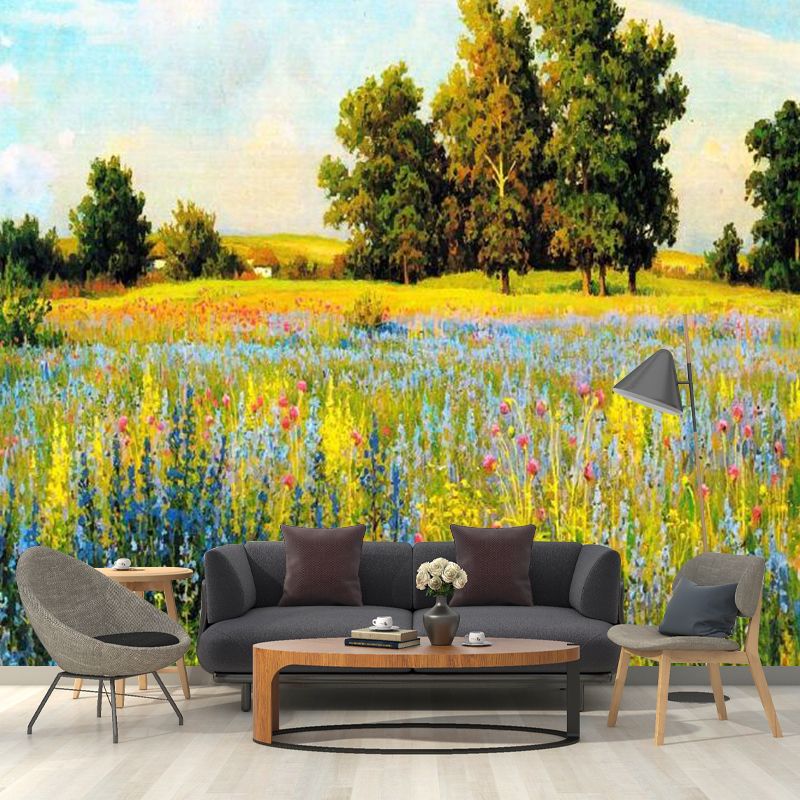 Large Grassland Mural Wallpaper for Dining Room Sky Wall Covering in Green and Blue, Water-Resistant