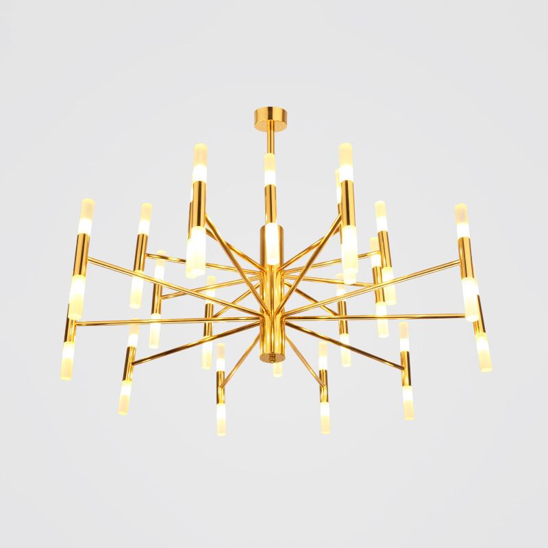 Metallic 2-Tier Slim Tube Pendant Minimalist 40-Head Ceiling Chandelier in Brass for Living Room