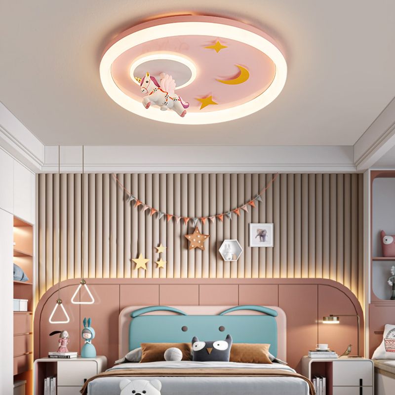 Metal Round Flush Mount Light Lovely Pink Unicorn Ceiling Light for Kid's Room