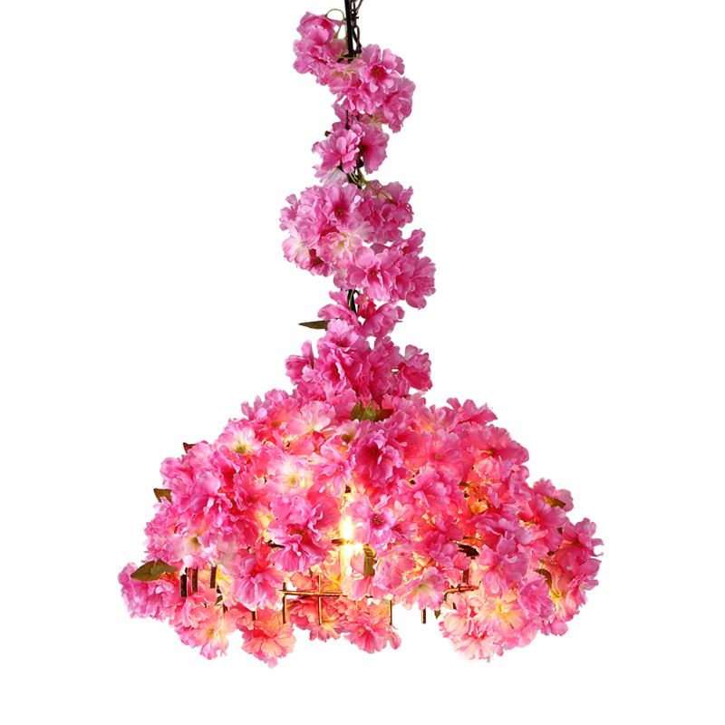 Country Flower Blossom Pendant Light Metallic LED Hanging Ceiling Light in Pink for Beer Bar