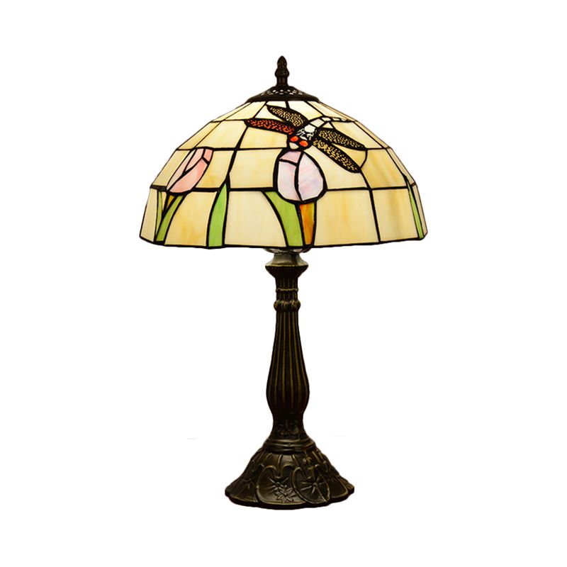 1-Light Nightstand Lamp Tiffany Dragonfly on Rose Orange/Pink/Beige Table Lighting with Bowl Shade