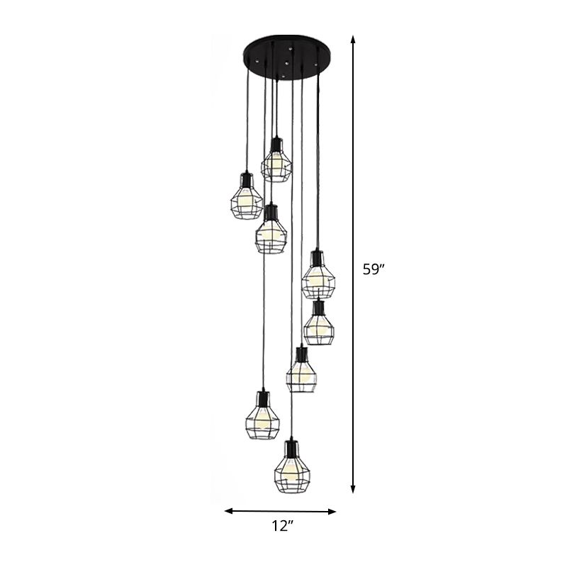 6 Bulbs Globe Cage Hanging Lighting Industrial Black Metal Multi Light Pendant with Spiral Design