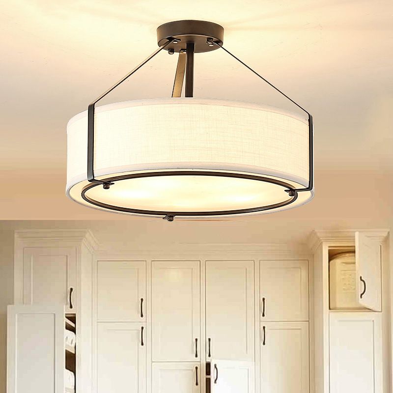 Fabric Drum Semi Flush Mount Light Simplicity Semi Flush Ceiling Light in Beige