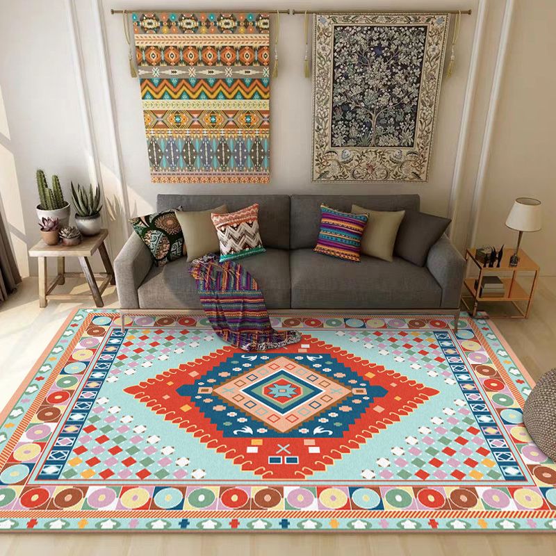 Blue and Orange Bedroom Rug Moroccan Medallion Circle Diamond Pattern Area Rug Polyester Anti-Slip Washable Carpet