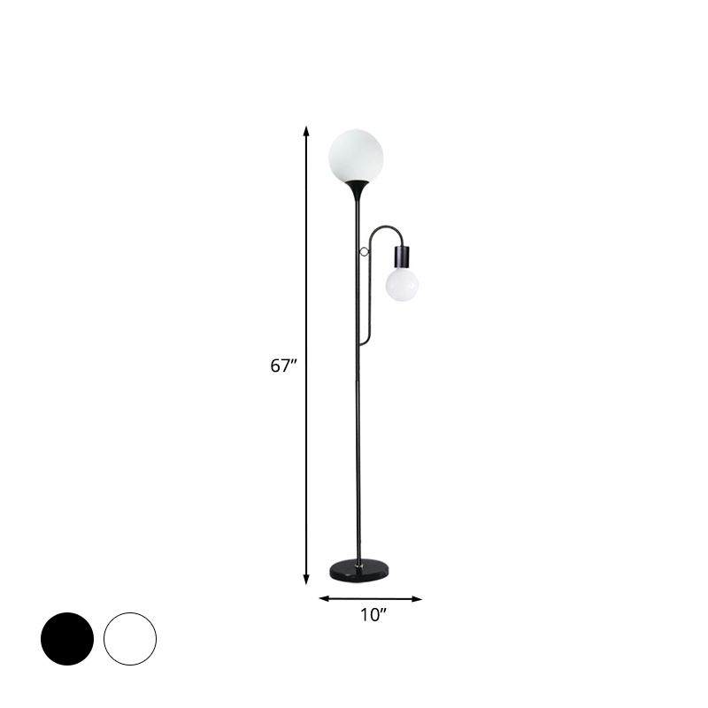 Minimalist Ball Standing Lamp Glass 2-Head Bedroom Reading Floor Light with Curved Arm in Black/White