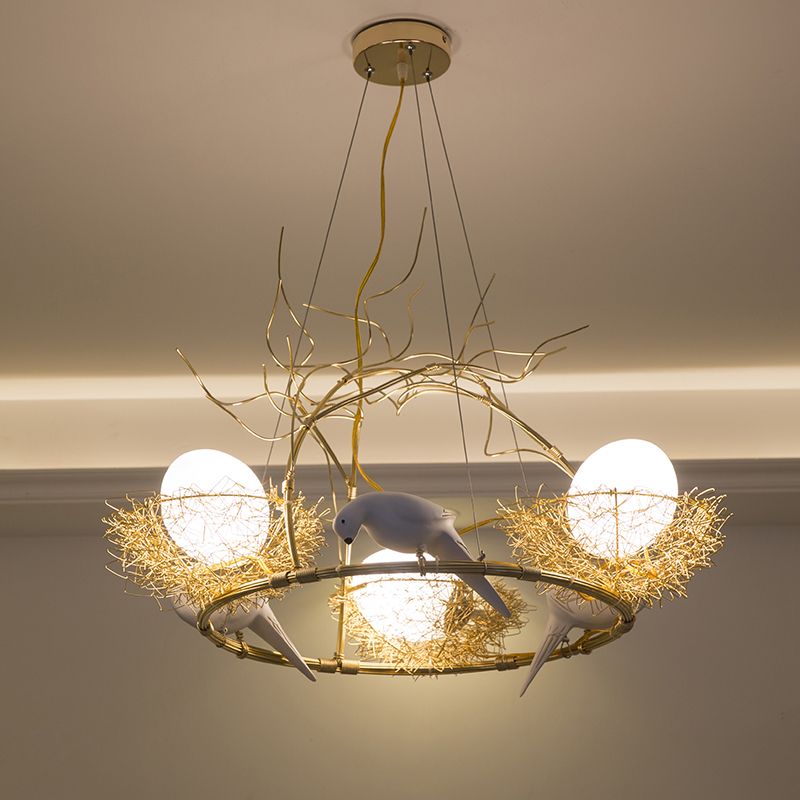 3 Lights Circle Nest Chandelier Lovely Metal Pendant Light with Bird & Egg in Gold for Cafe