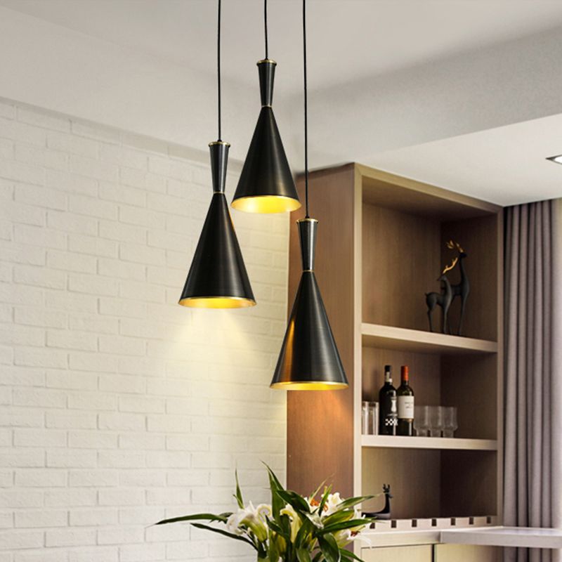 Black/Gold Finish Cluster Horn Pendant Antiqued Metal 3 Lights Kitchen Hanging Lamp with Round/Linear Canopy