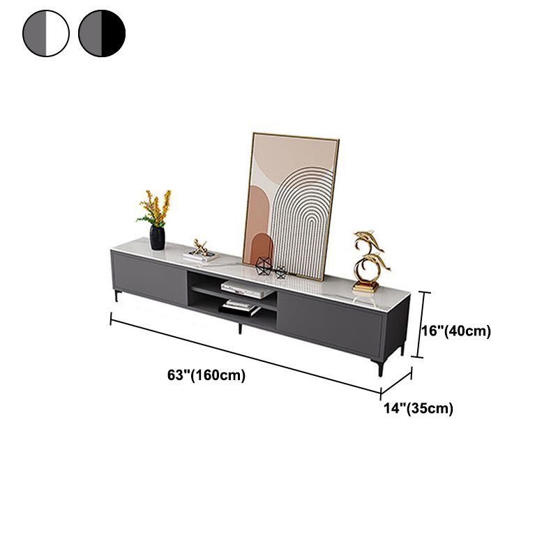 White and Black Slate TV Stand Open Storage TV Console with 2 Doors