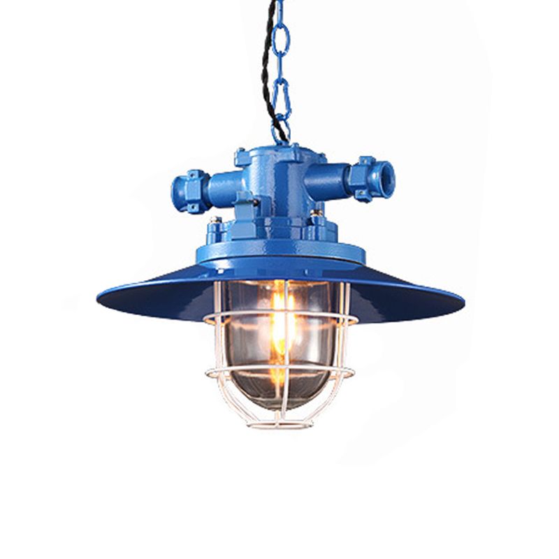 Metal Red/White/Blue Pendulum Light Saucer 1 Bulb Loft Pendant Light Kit with Clear Glass Shade and Cage