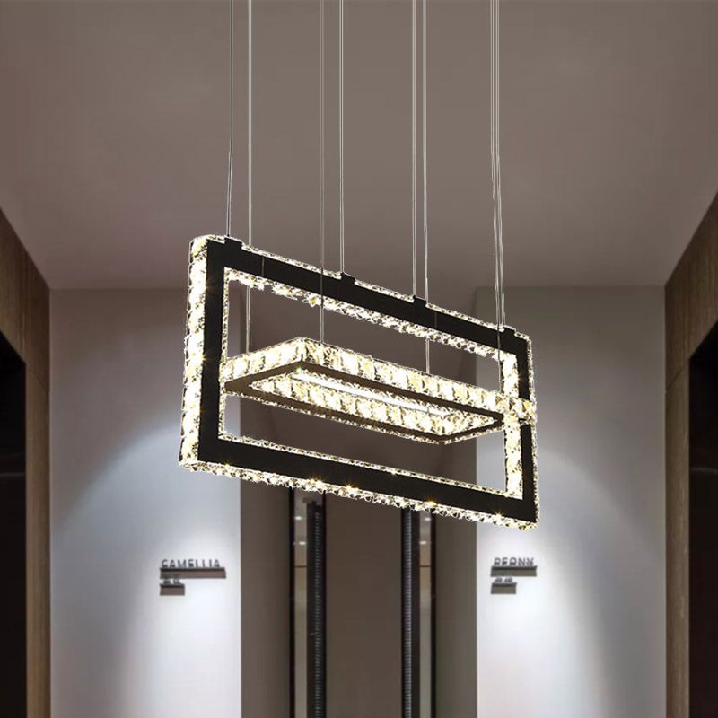 Stainless-Steel Rectangle Ceiling Pendant Light Contemporary K9 Crystal LED Chandelier Light, Warm/White/3 Color Light