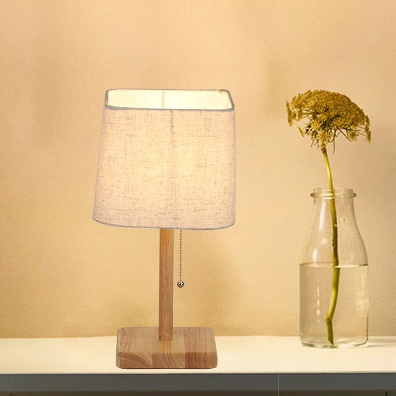 1-Light Bedroom Pull Chain Table Light Nordic Wood Nightstand Lamp with Square Fabric Shade