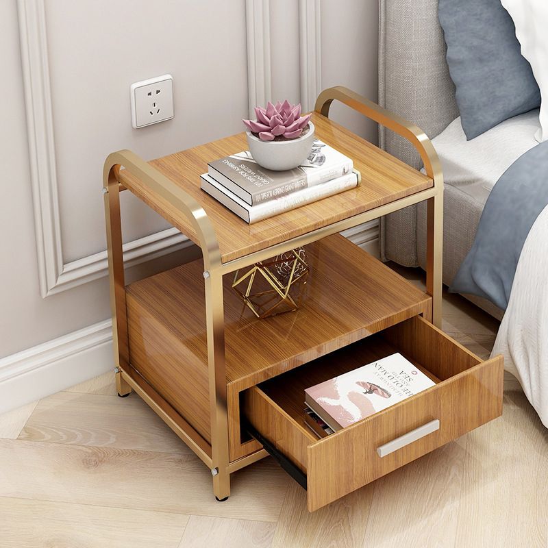 Wooden and Metal Bedside Cabinet Modern Minimalist Open Bedside Table with Legs