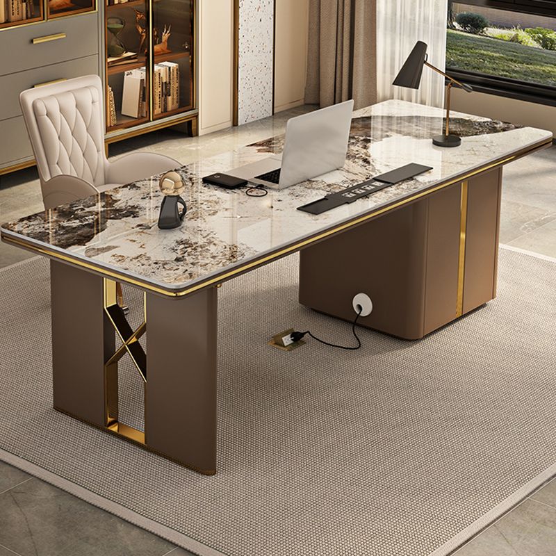 Modern Style Stone Office Desk Rectangular Shape Conference Table with 2-Legs in Brown