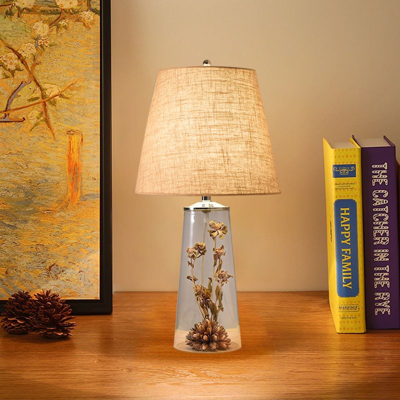 Modern 1 Head Table Light Clear Waterdrop/Bottle Glass Night Lighting with Dried Flower Decor and Flaxen Fabric Shade