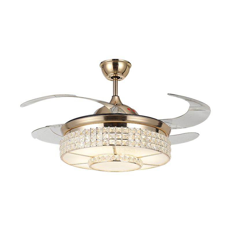 16 "W Drum Woonkamer Hangende ventilator Licht afgeschuinde Crystal LED Minimalistische semi -spoellamp in goud met 4 messen