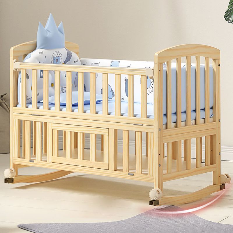 Scandinavian Pine Arched Baby Crib with Casters Wood Nursery Crib with Storage