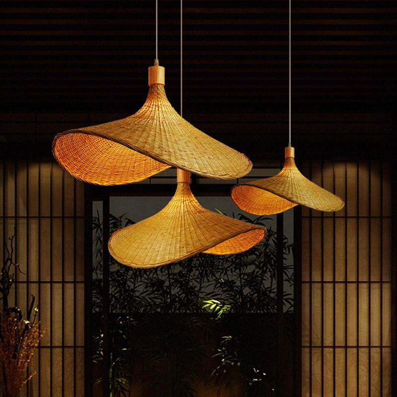 Asian Style Handmade Bamboo Weaving Modern Pendant Hat Shape Kitchen Pendant Lighting