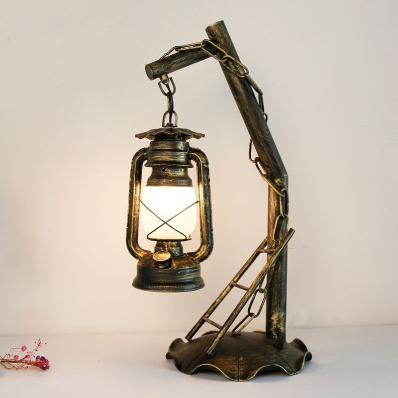 Opal Glass Lantern Table Lamp Vintage 1 Head Bedroom Desk Light in Brass with Metal Angled Arm