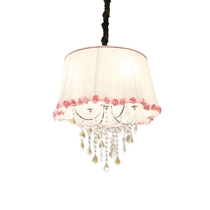 4 Lights Tapered Chandelier Lamp Modern Fabric Pendant Light with Clear Crystal Bead in White and Pink for Bedroom