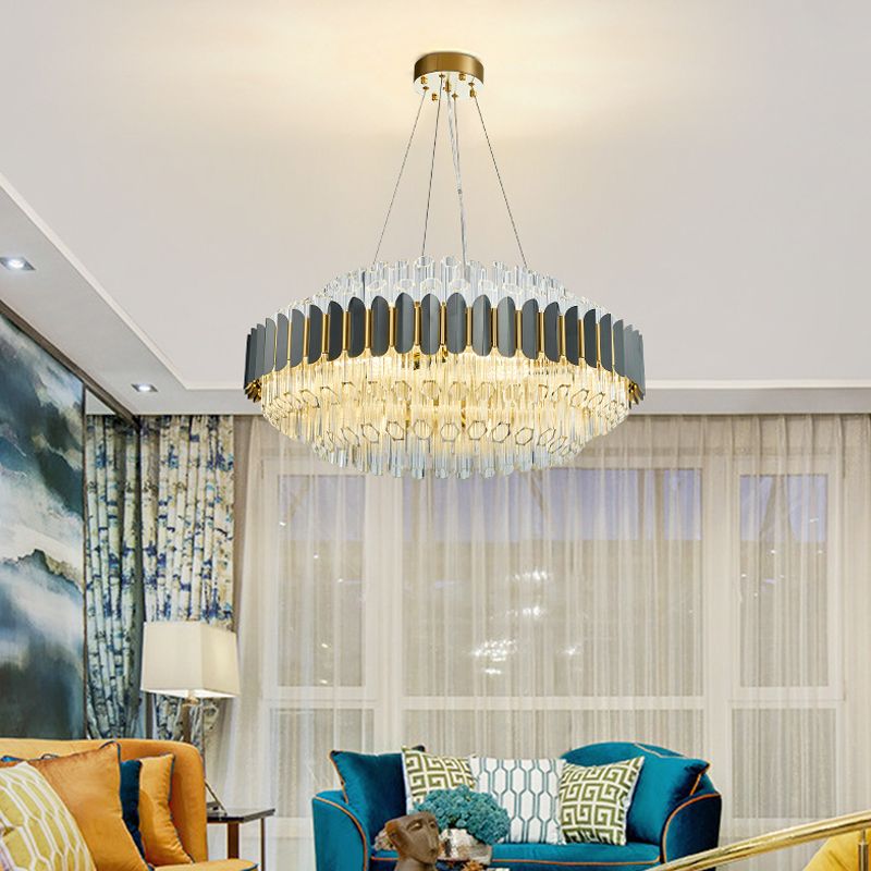 Grey Tubular Chandelier Lamp Modern 12-Light Prismatic Crystal Ceiling Pendant Light