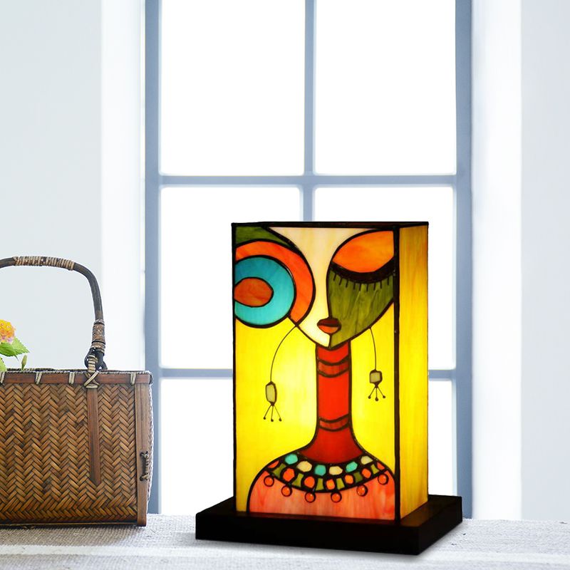 Baroque Rectangle Night Lamp 1 Light Hand Cut Glass Nightstand Light in Green with Abstract Woman Pattern