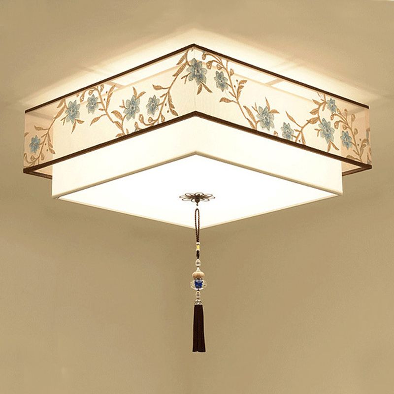 Geometry Shape Ceiling Lamp Tradition Iron Flush Mount with Fabric Lampshade for Corridor