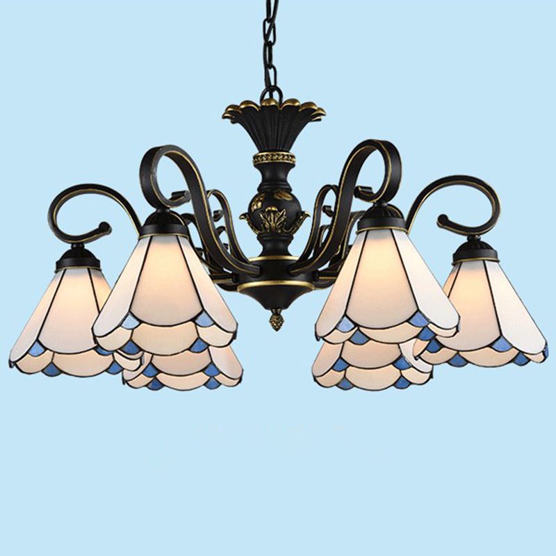 6 Heads Conical Hanging Lamp Mediterranean Hand Cut Glass Chandelier with Scalloped Edge