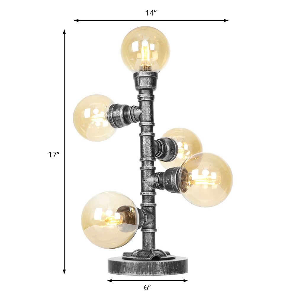 Antique Silver Globe Shade Desk Light Industrial Clear/Amber Glass 3/5-Light Living Room Task Lamp