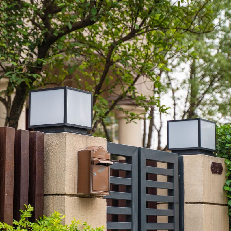 Square Shape Metal Pillar Lamp Modern Style 1 Light Solar Outdoor Light in Black