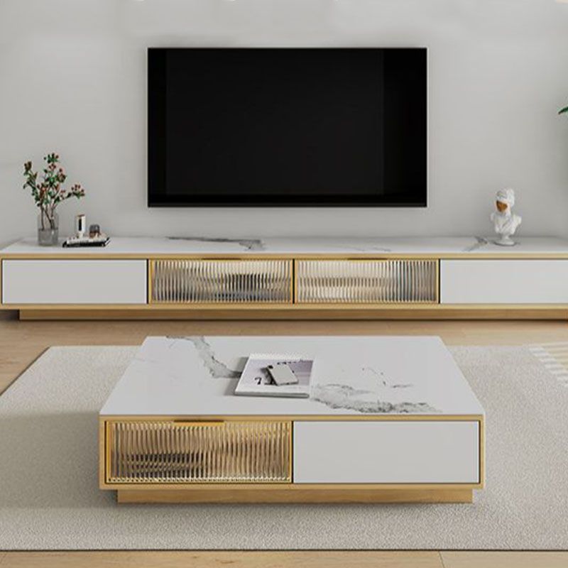 17.13"H TV Stand Glam Style Enclosed Storage White TV Console with Drawers