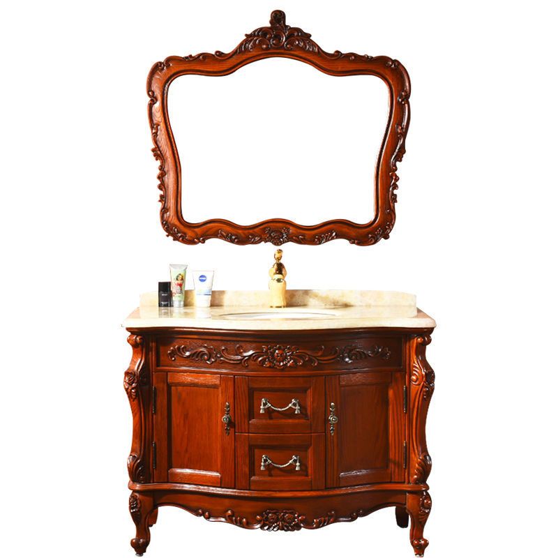 Drawers Vanity Set Wood Frame Oval Single Sink Mirror Freestanding Vanity with 2 Doors