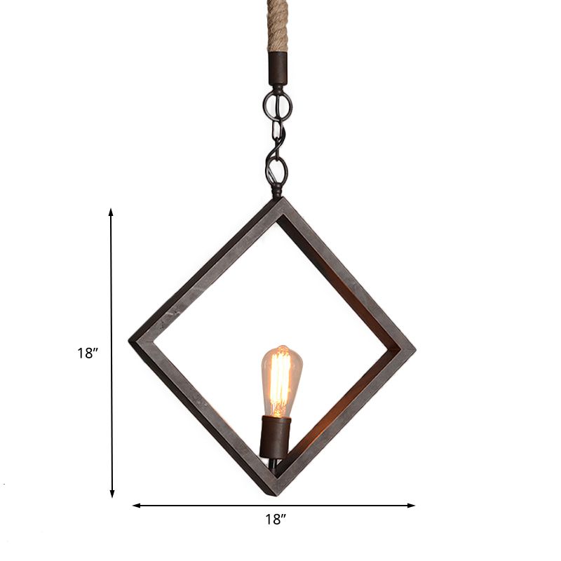 Black Frame Squared Ceiling Lighting Antique Style Metal 1 Light Indoor Ceiling Fixture with Rope