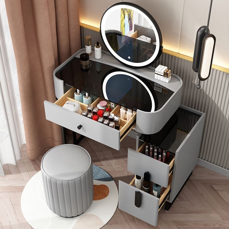 Mid-Century Modern Vanity Faux Leather Makeup Dressing Table with Mirror and Stool Set