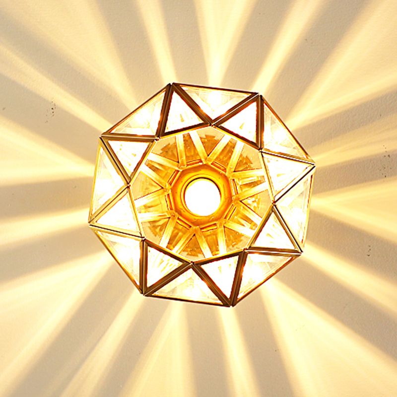 Full Brass European Style Ceiling Light with Glass Shade 1 Light Polyhedron Flush-mount Light for Bedroom