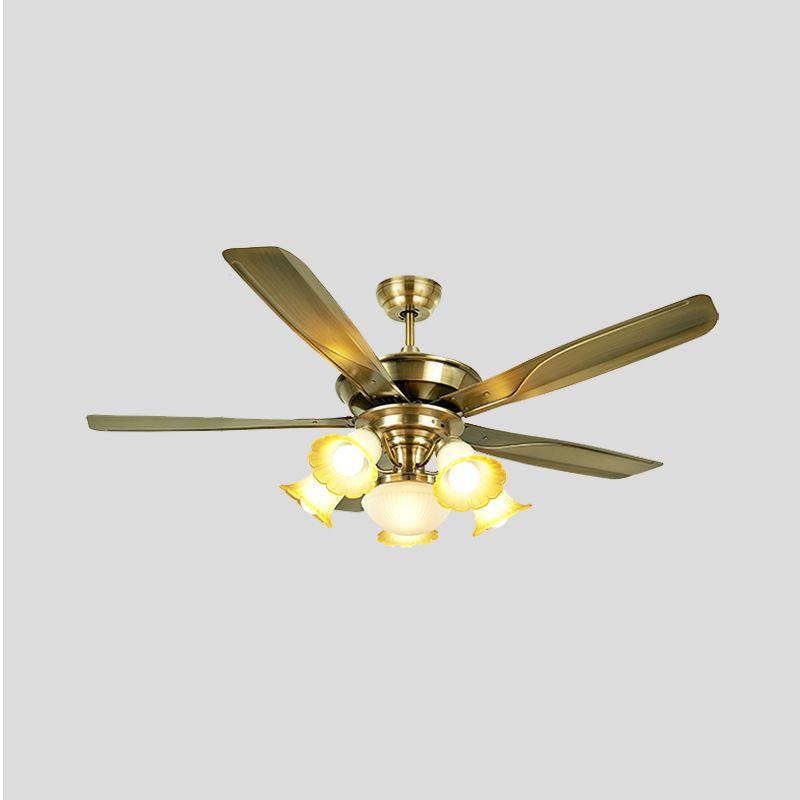 52" W 6 Bulbs Metal Semi Flushmount Vintage Brass Radial Living Room Hanging Fan Light with 5 Blades, Wall/Remote Control