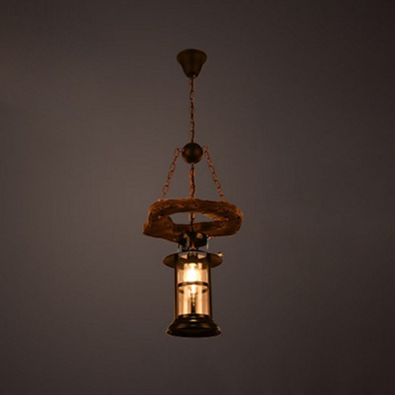 Cylindrical Pendant Industrial Wood Ceiling Pendant with Hanging Chain for Bar