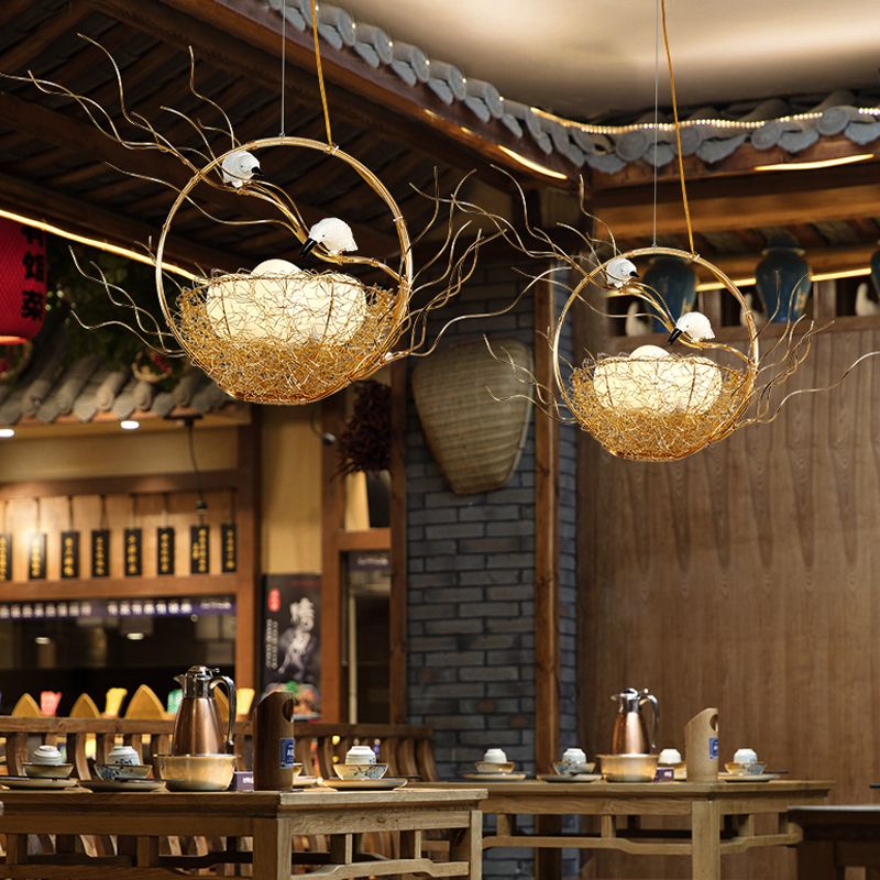 Artistry 3-Light Chandelier Pendant Golden Aluminum Basket Hanging Lamp with Birds and Matte White Glass Balls