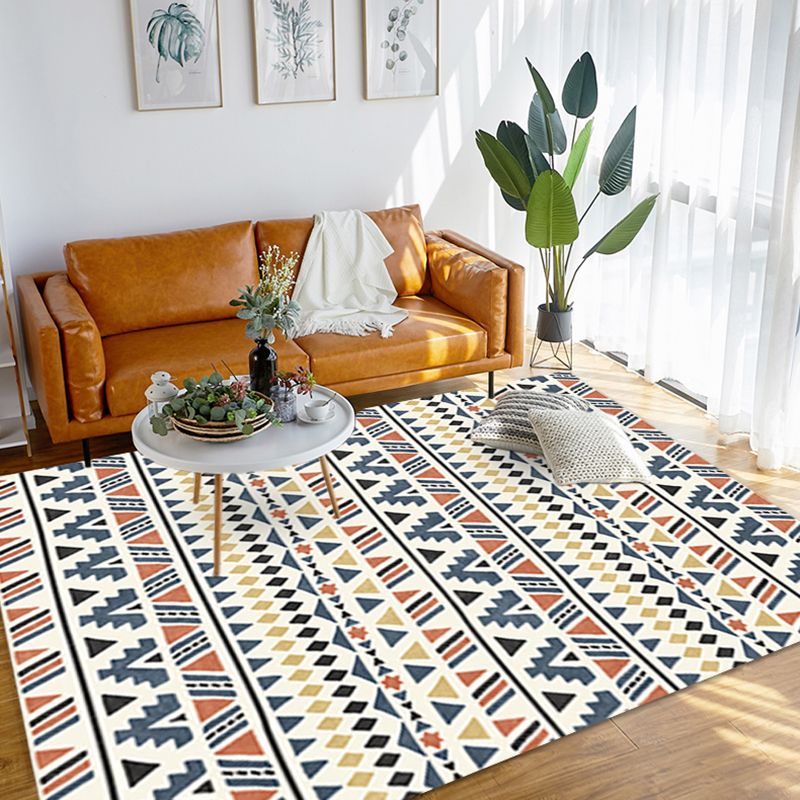 White Tone Living Room Carpet Retro Tribal Pattern Area Rug Polyester with Non-Slip Backing Rug