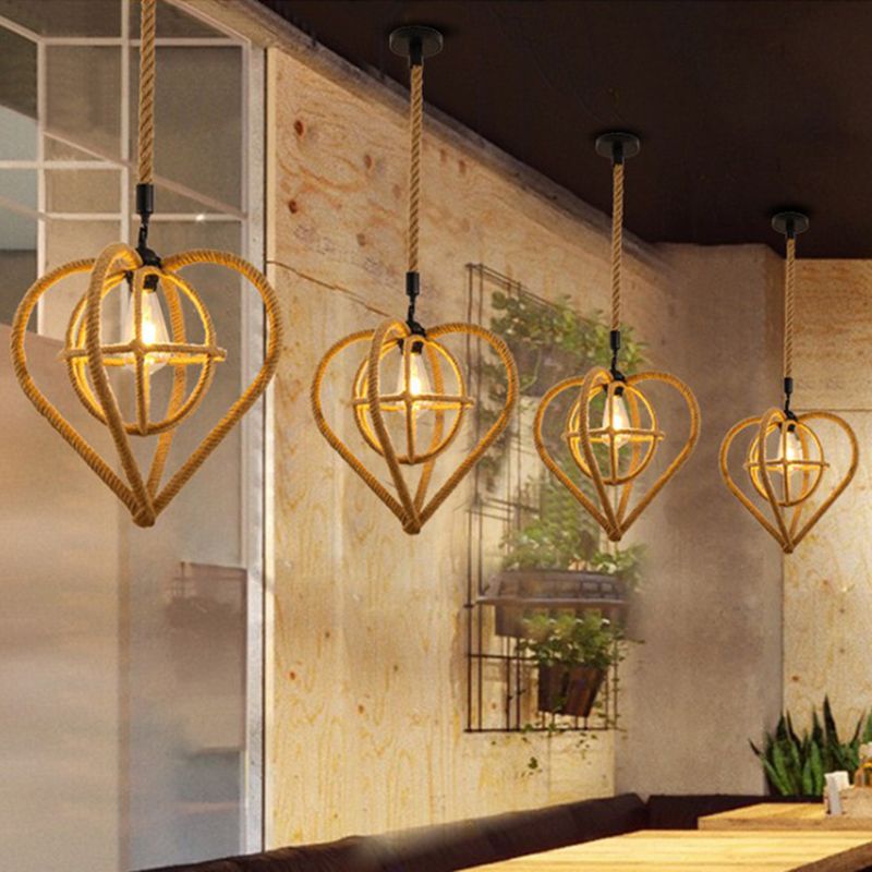 Hemp Rope Caged Hanging Light Vintage Single-Bulb Restaurant Lighting Pendant in Brown