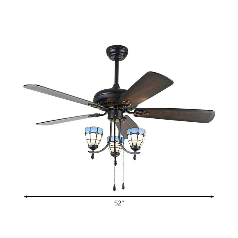 5-blade 3 lichten semi-spoel traditionele taps toelopende metallic hangende ventilator verlichtingsarmatuur in zwart, 52 "breed