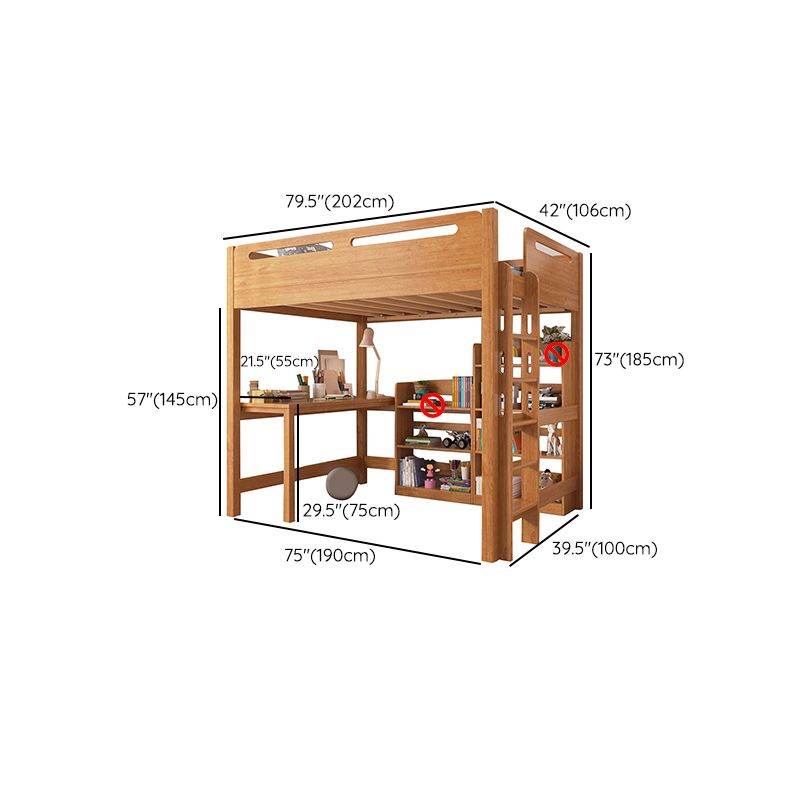 Brown Loft Bed Scandinavian Solid Wood High Loft Built-In Ladder Kids Bed