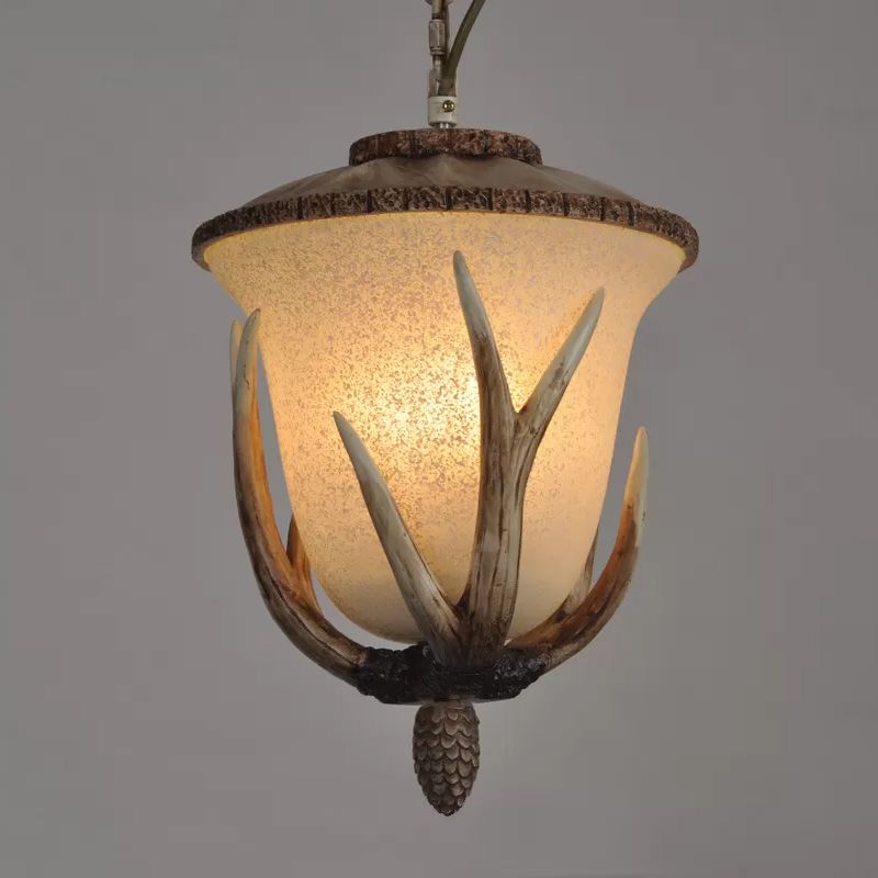 Single-Bulb Pendant Light Country Bistro Antler Detailed Hanging Lamp with Bell White Glass Shade in Brown