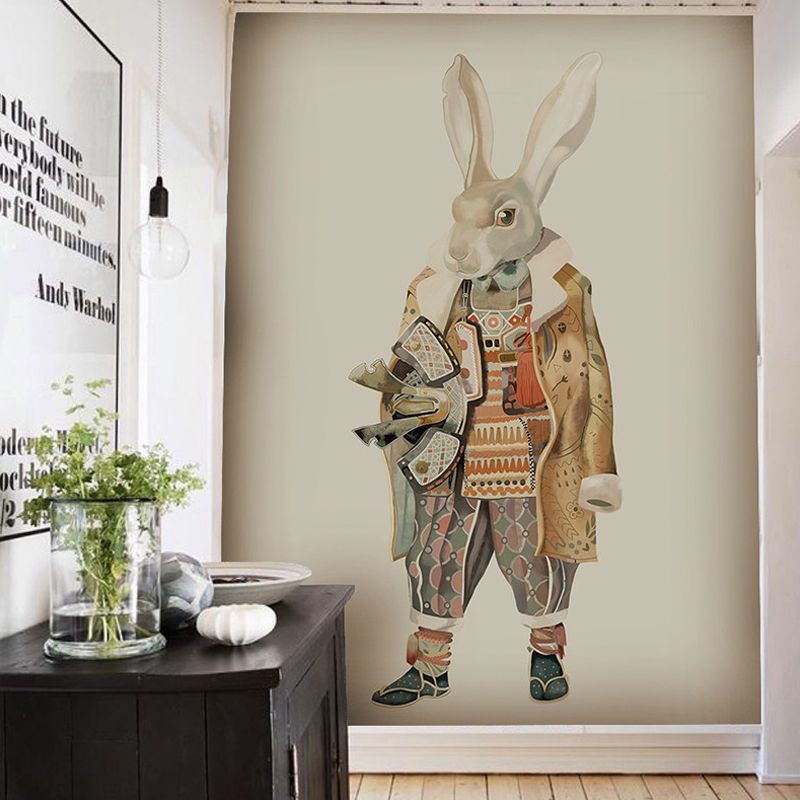 Whole Plain Background Mural Wallpaper for Kid's Bedroom Cartoon Rabbit Wall Art in Beige, Stain Resistant