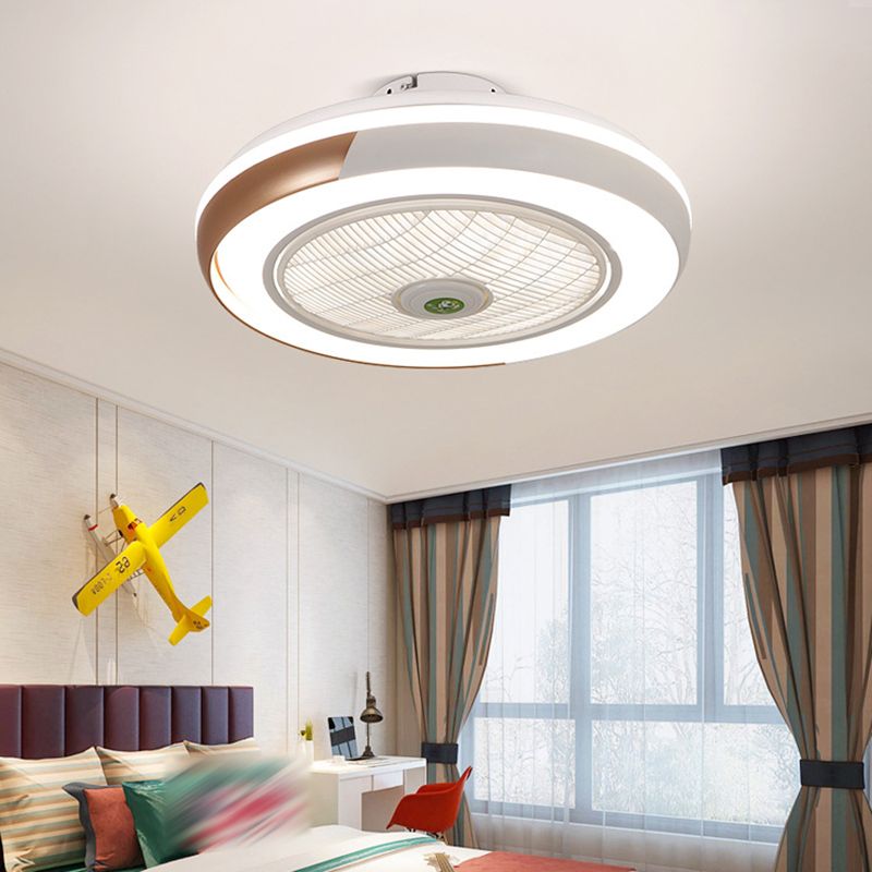 Modern Round Fan Light Fixture Metal LED Bedroom Semi Flush Mount Light