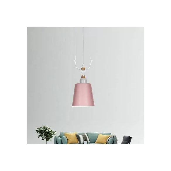 Macaron Style Bucket Hanging Light with Antlers 1 Light Metal Pendant Light for Balcony Foyer